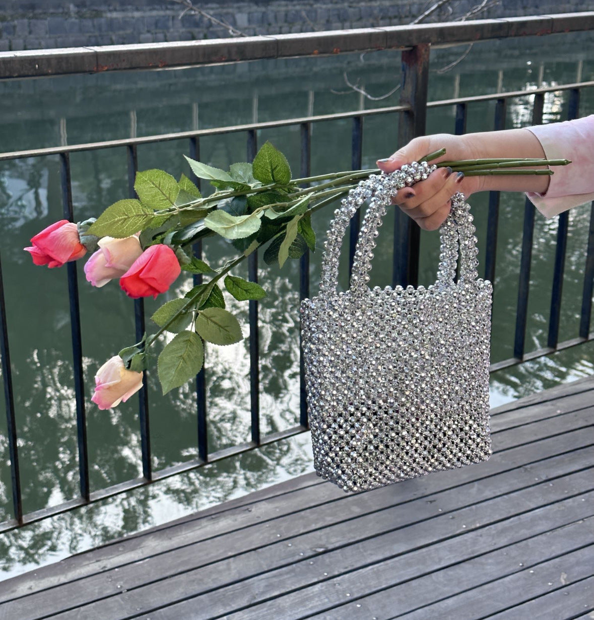 Vintage Silver Shiny Beaded Bag